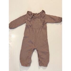 City Mouse Baby Girls Ruffle Cotton Gauze Romper Mauve Long Sleeve 6-9M